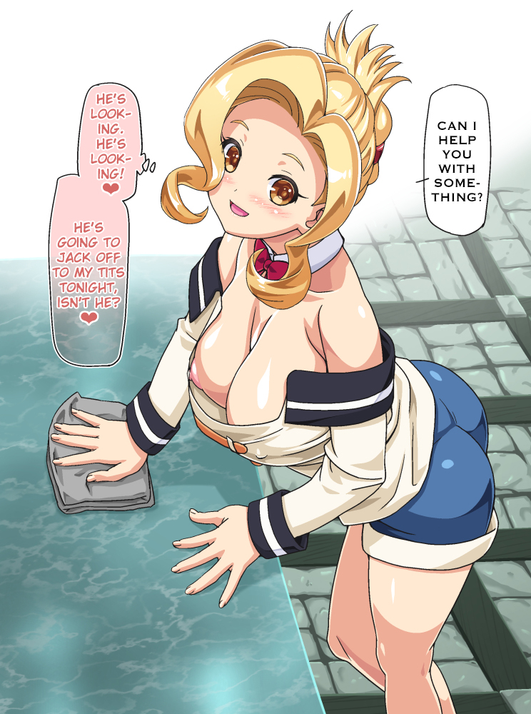 10s 1girl ass blonde_hair blush breasts brown_eyes cleavage denim denim_shorts downblouse exhibitionism female_focus folded_ponytail hard-translated kohsaka_jun kono_subarashii_sekai_ni_shukufuku_wo! large_breasts luna_(konosuba) marble nipple_slip nipples no_bra public_indecency short_shorts shorts smile solo standing third-party_edit translated