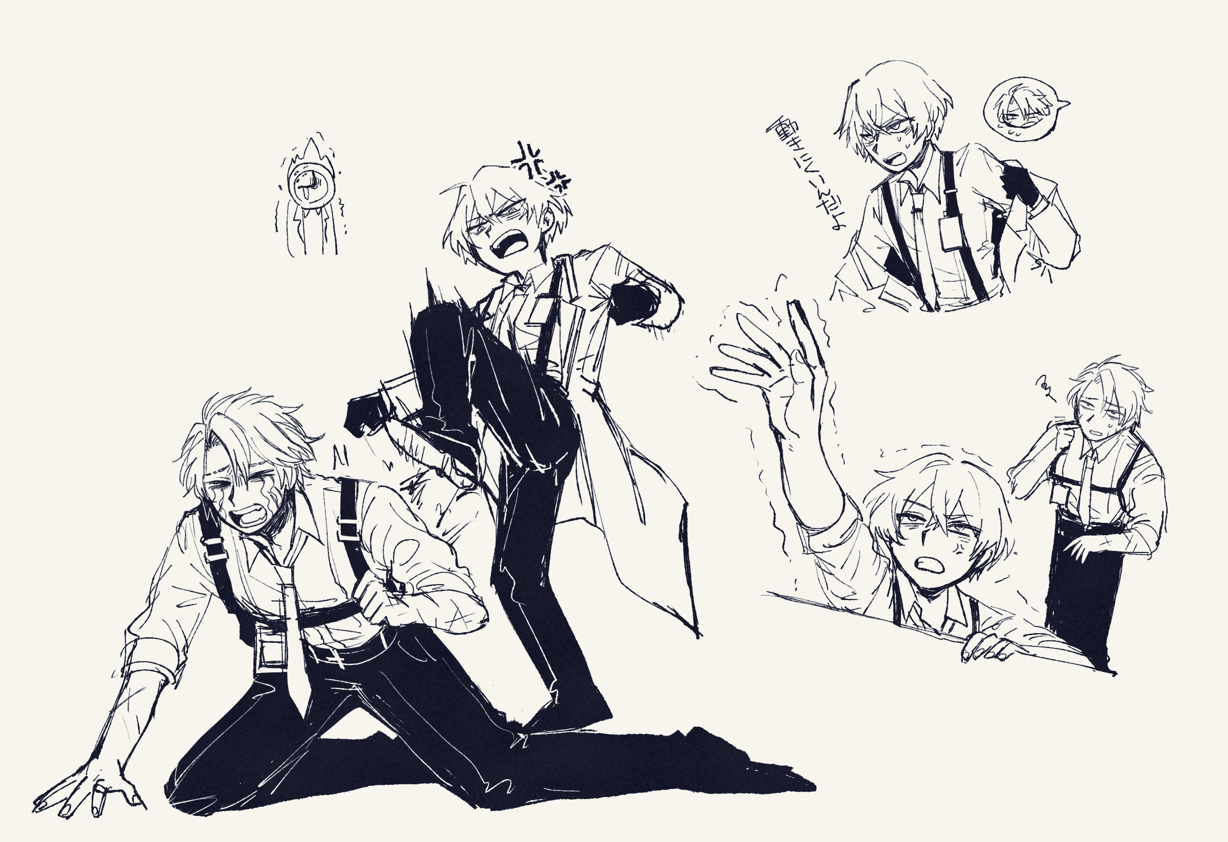 1other 2boys anger_vein black_gloves closed_mouth collared_shirt dante_(limbus_company) full_body gloves greyscale hair_between_eyes heathcliff_(project_moon) highres kicking limbus_company monochrome multiple_boys necktie open_mouth pants project_moon rainbowmisosoup shirt short_hair simple_background sinclair_(project_moon) sketch stomping suspenders sweat tears white_background white_shirt
