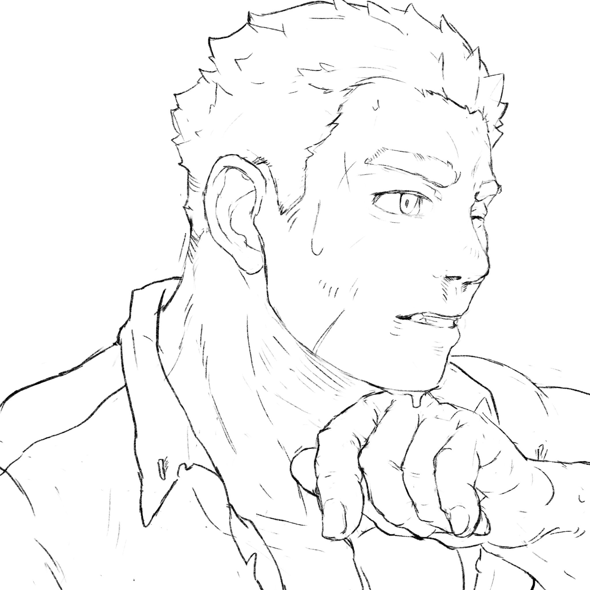 1boy bara blood bruise close-up collared_shirt cuts greyscale hand_on_own_chin highres injury male_focus protagonist_3_(housamo) me-me_(mouact2) monochrome muscular muscular_male nosebleed partially_unbuttoned pectoral_cleavage pectorals shirt short_hair sideburns solo sweat thick_eyebrows tokyo_houkago_summoners upper_body