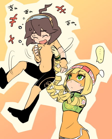 2girls ahoge arms_(game) beanie blonde_hair bodysuit brown_hair closed_eyes full_body goggles goggles_on_head green_eyes hat hitohito holding mechanica_(arms) medium_hair min_min_(arms) multiple_girls nintendo open_mouth orange_background smile tickling upper_body