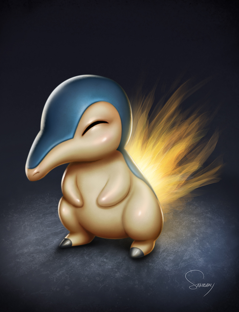 closed_eyes cyndaquil fiery_tail fire full_body gen_2_pokemon nintendo no_humans pokemon pokemon_(creature) pokemon_focus sam_delatore signature solo tail