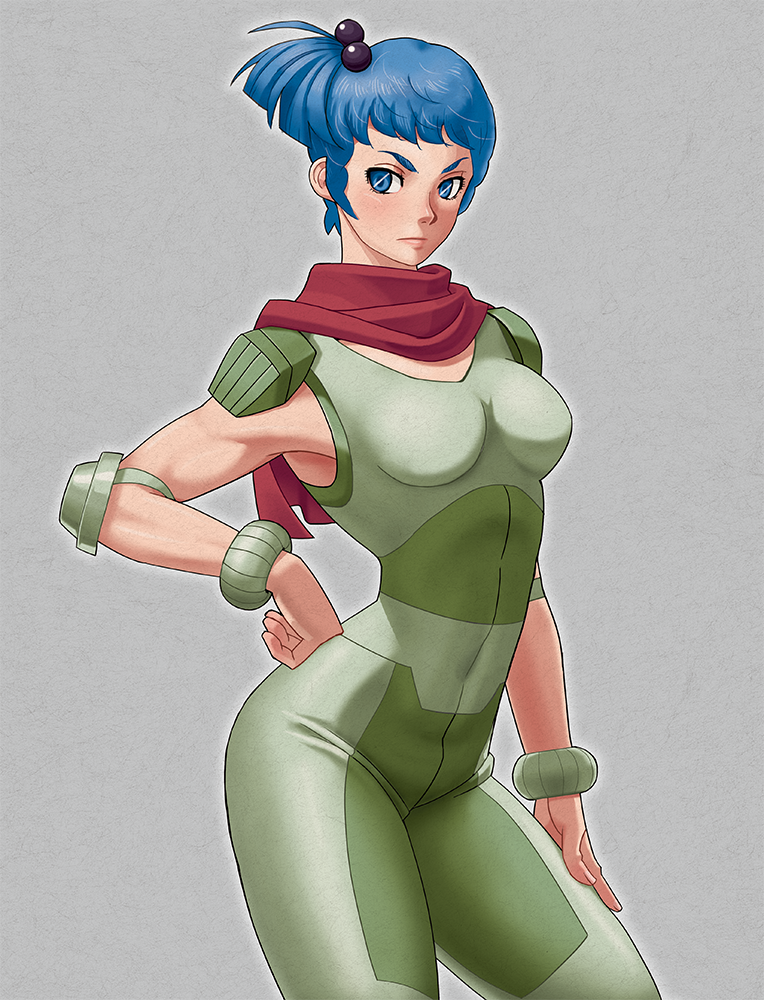 1girl bad_anatomy blue_eyes blue_hair bodysuit breasts covered_navel cowboy_shot female_focus green_bodysuit grey_background hair_bobbles hair_ornament hand_on_own_hip hand_on_own_thigh looking_at_viewer medium_breasts ponytail rag_uralo red_scarf scarf sentou_mecha_xabungle shigenobu short_hair short_ponytail side_ponytail solo standing super_robot_wars wristband