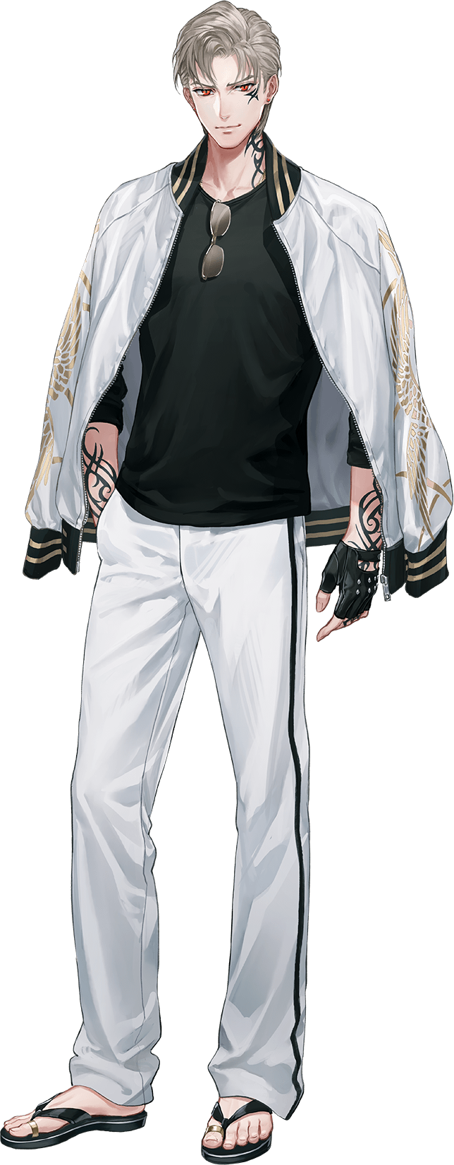 1boy arm_tattoo black_gloves blonde_hair eyewear_hang unworn_eyewear fingerless_gloves full_body gloves highres jacket jacket_on_shoulders male_focus neck_tattoo official_art pants red_eyes sanchoumou sandals smile suda_ayaka sunglasses tattoo touken_ranbu track_jacket track_pants transparent_background