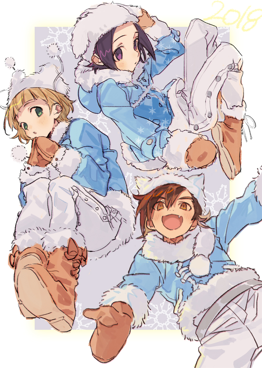 3boys belt blonde_hair blue_jacket blush boots border bow brown_hair character_request commentary_request cowboy_shot fang footwear_bow full_body fur-trimmed_collar fur-trimmed_jacket fur_hat fur_trim green_eyes grey_belt hair_between_eyes hand_on_headwear hat hood hooded_jacket idolmaster idolmaster_side-m jacket looking_at_viewer looking_to_the_side male_focus mittens multiple_boys nana_tetra open_mouth orange_boots orange_bow orange_eyes orange_mittens own_hands_together pants purple_background purple_eyes purple_hair short_hair skin_fang snowflake_print snowflakes white_border white_hat white_pants