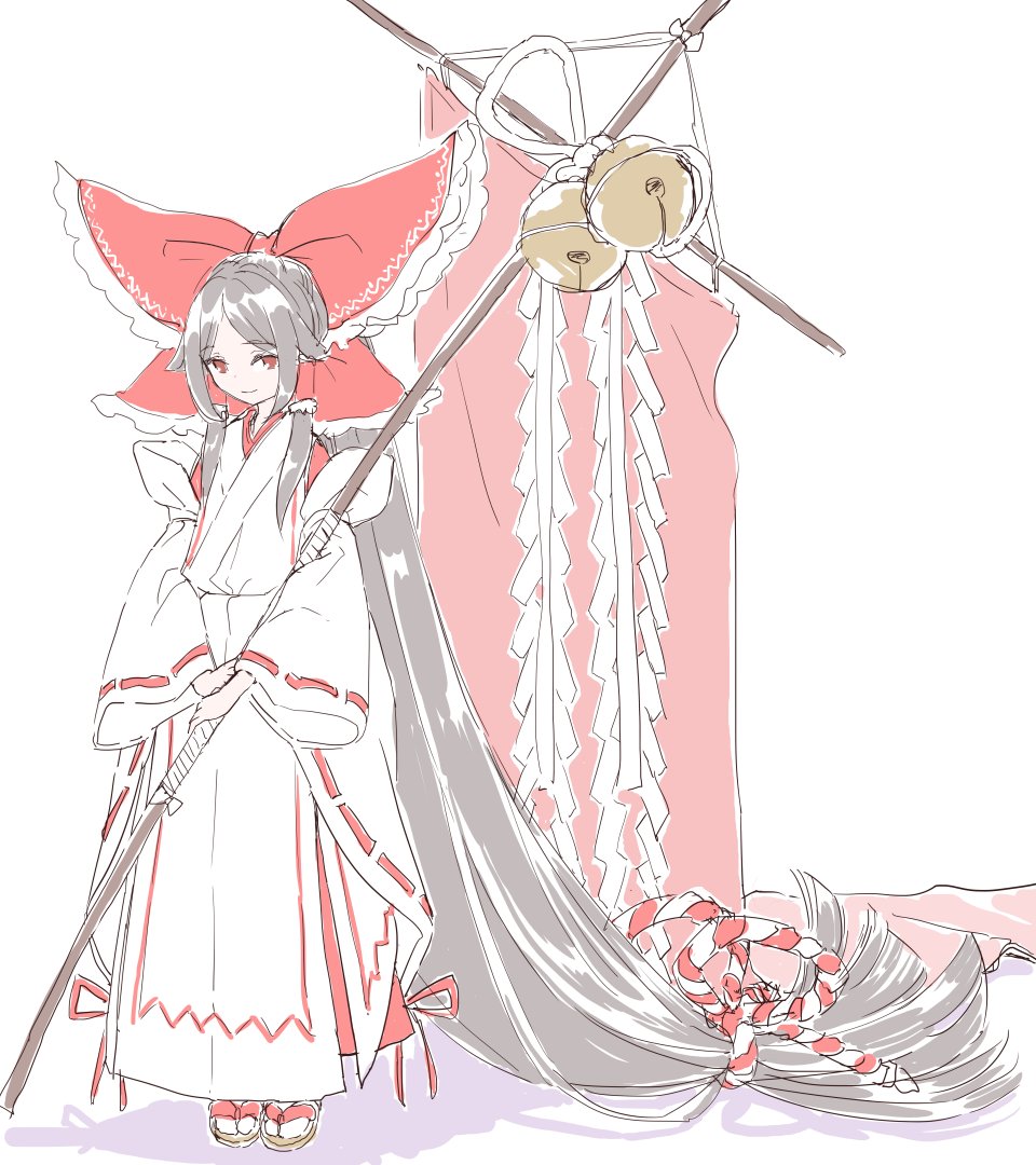 1girl absurdly_long_hair bell blunt_ends bow chihaya_(clothing) closed_mouth commentary_request foul_detective_satori frilled_bow frilled_hair_tubes frills full_body gensokyo&#039;s_first_hakurei_miko hair_bow hair_tubes holding huge_bow japanese_clothes jingle_bell long_hair long_sleeves looking_at_viewer low-tied_long_hair miko parted_bangs red_eyes rope s-a-murai sandals shadow shide sidelocks sketch smile solo standing touhou very_long_hair white_background wide_sleeves zouri