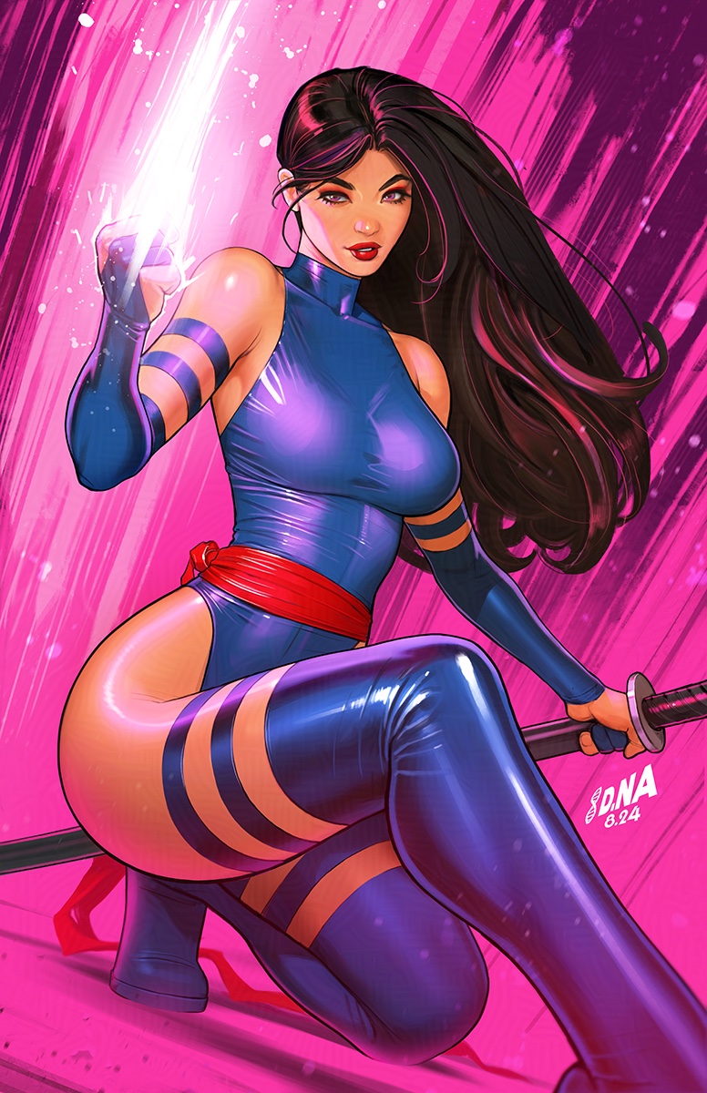 1girl ass black_hair boots breasts curvy david_nakayama highleg highleg_leotard highres holding holding_sword holding_weapon initial katana leotard long_hair marvel medium_breasts on_one_knee psylocke psylocke_(vengeance) purple_boots purple_eyes purple_leotard red_sash sash shiny_skin solo sword thigh_boots thong_leotard waist_sash weapon wide_hips x-men