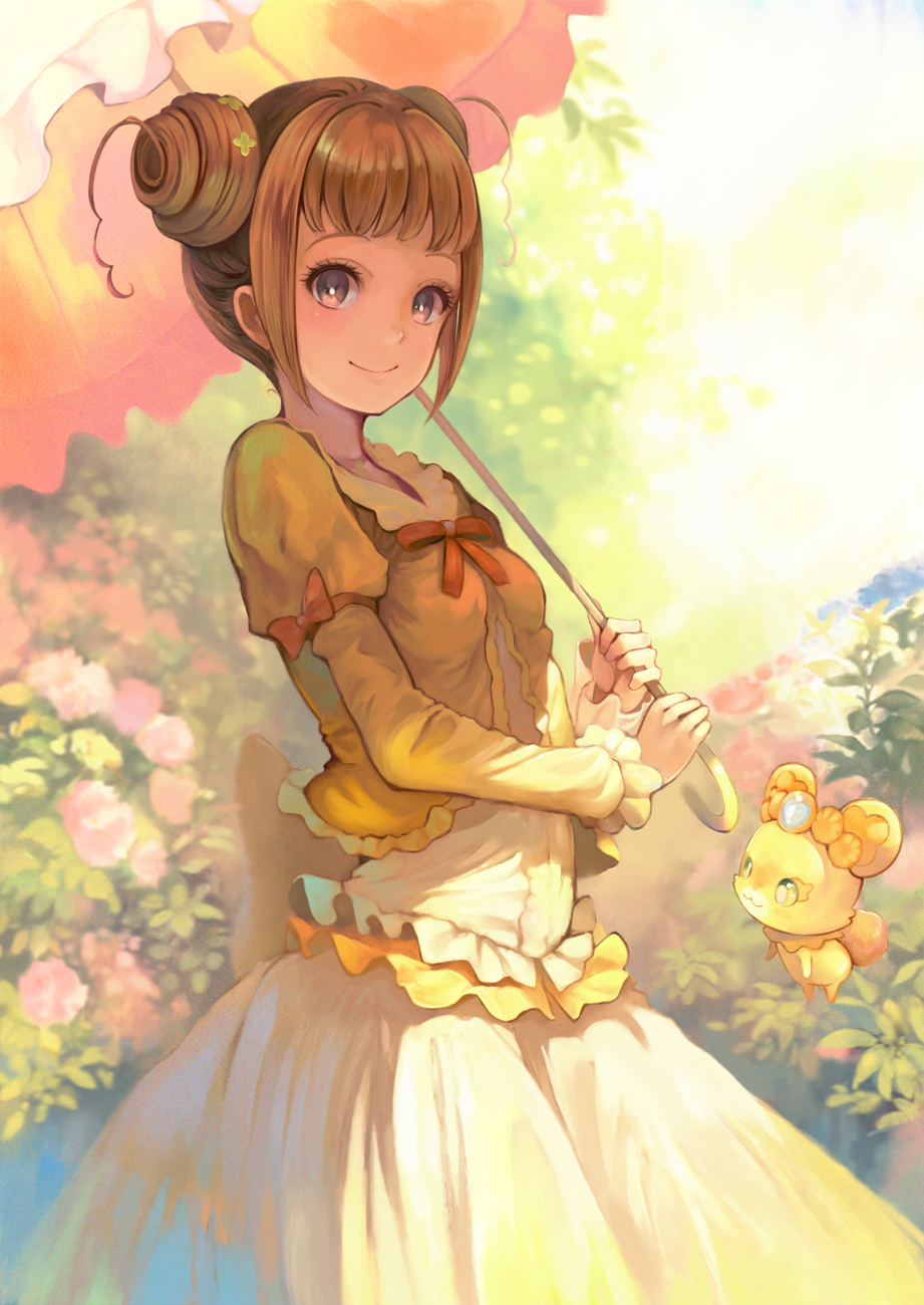 1girl blush brown_eyes brown_hair bush dokidoki!_precure double_bun dress flower highres looking_at_viewer parasol precure rance_(dokidoki!_precure) smile toromi_chuuka umbrella yotsuba_alice