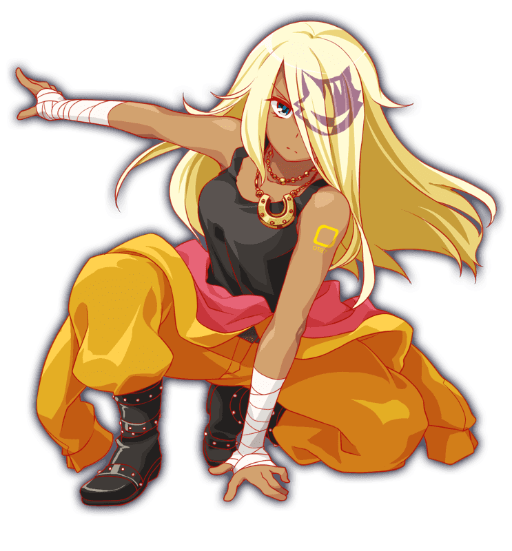 1girl achilles_(crash_fever) anime_coloring ankle_boots artist_request bandaged_arm bandaged_hand bandages bare_shoulders black_boots black_tank_top blonde_hair boots breasts crash_fever dark-skinned_female dark_skin eyelashes frown full_body game_cg gold_necklace hair_over_one_eye hand_on_ground horseshoe horseshoe_necklace jewelry jumpsuit jumpsuit_partially_removed leather leather_boots long_hair looking_at_viewer medium_breasts multicolored_hair necklace number_tattoo numbered official_art on_one_knee one_eye_covered open_hand outline parted_lips red_outline serious shoulder_tattoo simple_background solo square square_tattoo straight_hair streaked_hair tachi-e tank_top tattoo third-party_source transparent_background two-tone_hair v-shaped_eyebrows yellow_jumpsuit yellow_theme