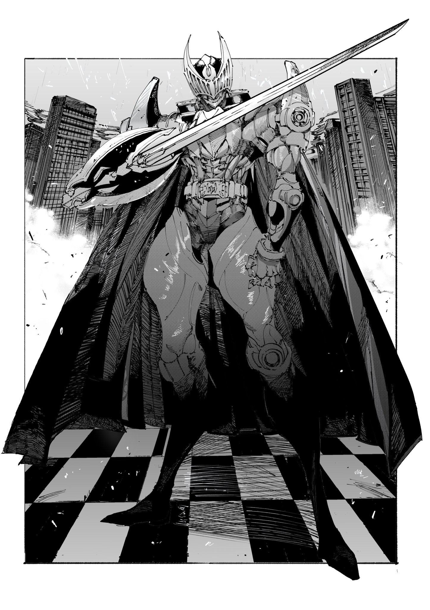 1boy anniversary armor bat_(animal) bat_wings belt black_armor black_boots black_cape boots cape card_deck_(knight) checkered_floor city cityscape commentary full_body greyscale heisei highres ichitaka_(1015ichitaka) kamen_rider kamen_rider_knight kamen_rider_ryuki_(series) knight male_focus monochrome reverse_grip solo sword v_buckle weapon wings