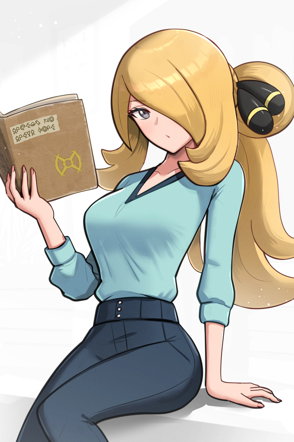 1girl :/ black_pants blonde_hair blue_shirt book breasts closed_mouth cynthia_(pokemon) gen_2_pokemon gonzarez grey_eyes hair_ornament hair_over_one_eye hand_up highres holding holding_book long_hair long_sleeves looking_at_viewer nail_polish nintendo pants pink_nails pokemon pokemon_(anime) pokemon_journeys pokemon_swsh122 ponytail shirt shirt_tucked_in sidelocks sitting solo unown v-neck