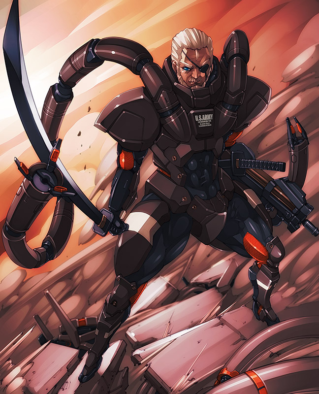 1boy armor asymmetrical_dual_wielding beard body_armor bodysuit bullpup dual_wielding eyepatch facial_hair gun high-frequency_blade holding horizontal_magazine katana kyowato looking_at_viewer male_focus metal_gear_(series) metal_gear_solid metal_gear_solid_2:_sons_of_liberty minshuto mk-5 mustache p90 personal_defense_weapon power_armor power_suit solidus_snake solo submachine_gun sword tentacles wakizashi weapon white_hair