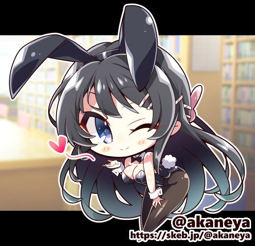 ;) akaneya animal_ear_hairband animal_ears balloon black_hair black_hairband black_leotard black_pantyhose blowing_kiss blush_stickers chibi chibi_only closed_mouth commission fake_animal_ears grey_eyes hair_ornament hairband hairclip heart_balloon leotard long_hair one_eye_closed pantyhose playboy_bunny rabbit_ear_hairband rabbit_ears rabbit_tail sakurajima_mai seishun_buta_yarou skeb_commission smile tail very_long_hair