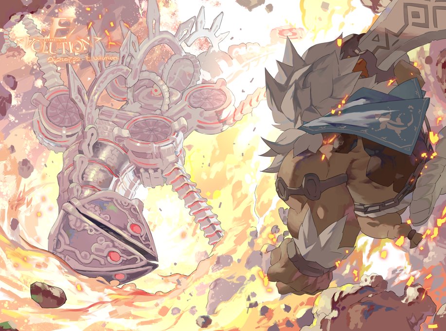 1boy artist_name capelet chain_belt daruk dated e_volution fire goron holding holding_sword holding_weapon lava nintendo no_humans outdoors smoke solo spiked_hair sword the_legend_of_zelda the_legend_of_zelda:_breath_of_the_wild vah_rudania weapon white_hair