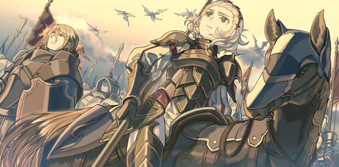 1girl 2boys 6+others armor army barding black_eyes blonde_hair breastplate bridle cavalry closed_mouth cloud commentary_request dated_commentary day dragon dutch_angle emblem faceless faceless_male fantasy faulds fire_emblem fire_emblem_fates flag flagpole from_below frown gauntlets greaves hair_between_eyes half-closed_eyes harusame_(rueken) helmet holding holding_flag holding_lance holding_polearm holding_shield holding_spear holding_weapon horse horseback_riding ignatius_(fire_emblem) jitome knight lance light_brown_hair long_sleeves looking_afar medium_hair multiple_boys multiple_others nintendo orange_sky outdoors pauldrons plate_armor polearm reins riding saddle shield short_hair shoulder_armor sidelocks sky sophie_(fire_emblem) spear standard_bearer standing sunrise thighhighs tsurime weapon wyvern