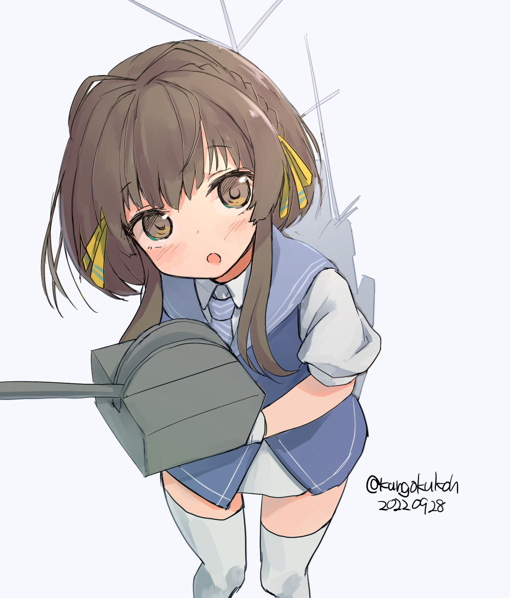 1girl adapted_turret black_hair blue_dress brown_eyes cannon dress feet_out_of_frame from_above gloves kangoku_kou kantai_collection looking_at_viewer necktie sailor_collar ship_turret shirt short_hair short_hair_with_long_locks simple_background solo standing thighhighs ukuru_(kancolle) white_background white_gloves white_shirt white_thighhighs