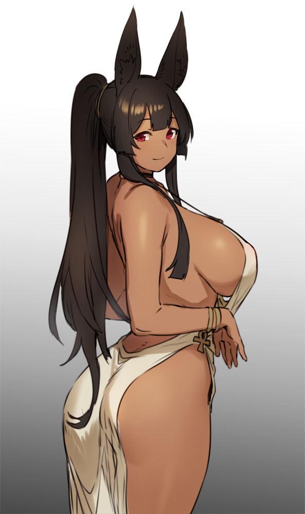 1girl ancient_egyptian animal_ears ankh anubis_(houtengeki) ass back bare_shoulders black_hair blush bracelet breasts cleavage closed_mouth dark-skinned_female dark_skin dress earrings female_focus gradient_background grey_background houtengeki jackal_ears jewelry large_breasts looking_at_viewer looking_back original ponytail red_eyes sideboob sidelocks smile solo thighs white_dress