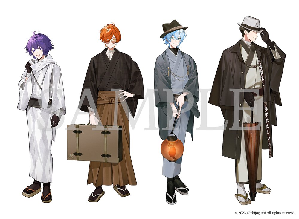 4boys :d adjusting_scarf ahoge arm_out_of_sleeve black_coat black_gloves black_hair black_hat black_kimono black_sash black_socks blue_hair brown_hakama center-flap_bangs closed_mouth closed_umbrella coat commentary_request copyright_notice covered_eyes crossed_bangs eyewear_strap fedora flipped_hair full_body gloves green_eyes grey_jacket grey_kimono hair_between_eyes hair_over_one_eye hakama hand_on_headwear hand_on_own_hip hat hat_over_eyes holding holding_lantern holding_suitcase holding_umbrella jacket japanese_clothes kimono kuronoa lantern lineup long_sleeves looking_at_viewer male_focus multiple_boys nichijo_gumi official_art oil-paper_umbrella open_clothes open_coat open_jacket open_mouth orange-tinted_eyewear orange_hair paper_lantern peinto_(nichijou_gumi) purple_eyes purple_hair round_eyewear sample_watermark sandals sash scarf short_hair simple_background sinigami_(nichijou_gumi) smile socks standing suitcase tabi tinted_eyewear torazo_(nichijou_gumi) trilby umbrella watermark white_background white_hat white_kimono white_scarf white_socks yellow_eyes yukko_(matakite_4kaku) zouri