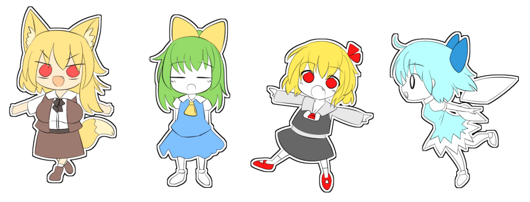 4girls animal_ears ascot asymmetrical_hair black_bow black_bowtie black_skirt black_vest blonde_hair blue_dress blue_hair blue_skirt blue_vest blush boots bow bowtie breasts brown_footwear brown_skirt brown_vest cirno cirno_(cookie) closed_eyes collared_shirt colored_skin commentary_request cookie_(touhou) daiyousei diyusi_(cookie) dress fang flat_chest fox_ears fox_girl fox_tail full_body green_hair hair_bow hair_ribbon ice ice_wings large_breasts lets0020 long_sleeves looking_at_viewer mary_janes medium_hair miramikaru_riran multiple_girls nadeko_(cookie) open_mouth outstretched_arms profile red_eyes red_footwear red_ribbon ribbon rumia running shirt shoes short_hair short_sleeves simple_background skirt skirt_set small_breasts smile spread_arms tail touhou v-shaped_eyebrows vest white_background white_footwear white_shirt white_skin wings yellow_ascot yellow_bow