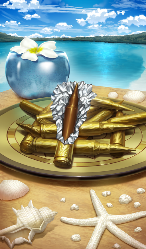 beppu_mitsunaka blue_sky candy chocolate clam_shell cloud commentary conch cup day drink drinking_glass fate/grand_order fate_(series) flower food food_art food_focus garnish no_humans official_art outdoors plumeria rifle_cartridge seashell shell sky starfish still_life sunlight third-party_source water white_flower wrapped_candy