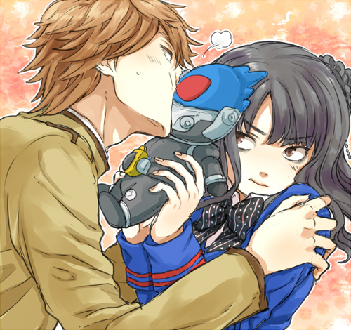1boy 1girl belt black_hair bow brown_eyes brown_hair character_doll doll hair_ornament hetero kamen_rider kamen_rider_fourze_(series) kamen_rider_meteor kiss long_hair lowres nozama_tomoko nugaa object_kiss sakuta_ryuusei school_uniform upper_body