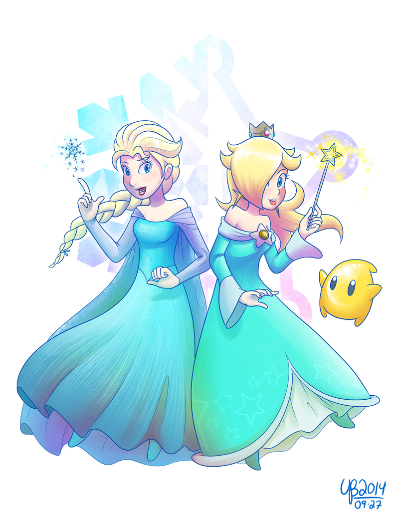 2girls blonde_hair blue_dress blue_eyes breasts dress earrings elsa_(frozen) frozen_(disney) full_body grin hair_over_one_eye jewelry lipstick long_hair looking_at_viewer luma_(mario) magic makeup mario_(series) medium_breasts multiple_girls nintendo ponytail rosalina smile standing super_mario_galaxy thebourgyman wand white_hair
