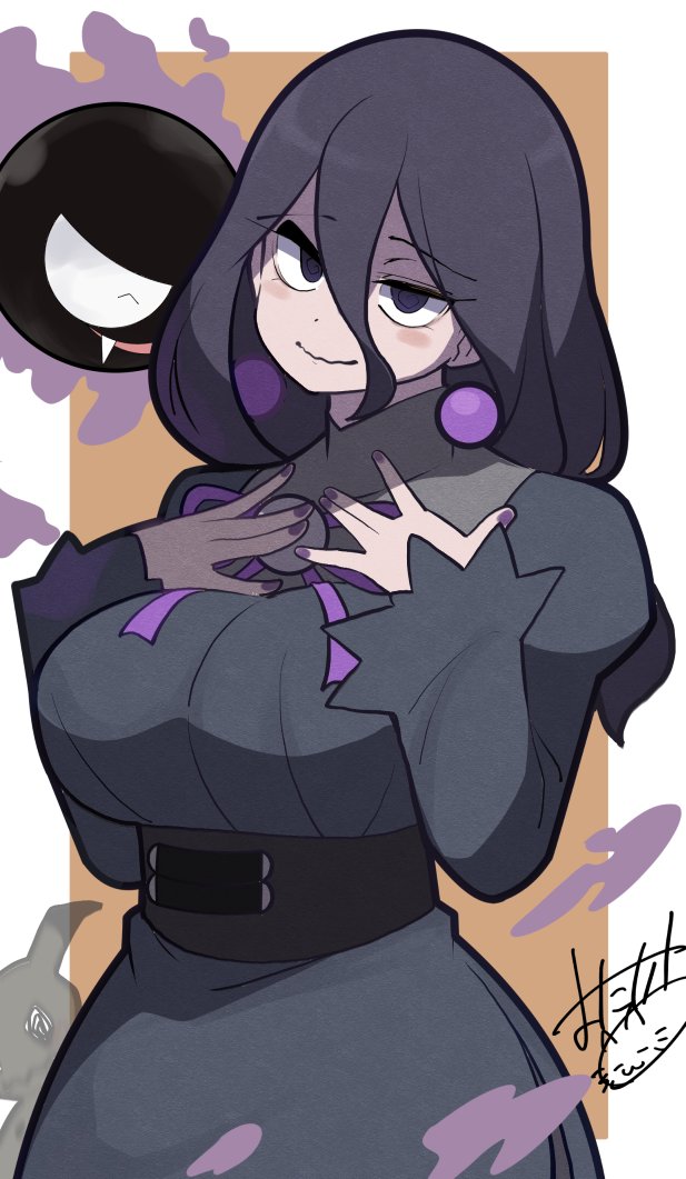 1girl @_@ alternate_breast_size black_corset black_dress black_hair breasts corset dress earrings gastly gen_1_pokemon gen_7_pokemon ghost hair_between_eyes hands_on_own_chest hex_maniac_(pokemon) hex_maniac_(pokemon_legends:_z-a) high_collar jewelry juliet_sleeves large_breasts large_earrings long_hair long_sleeves mimikyu mituyota_76 neck_ribbon nintendo pokemon pokemon_(creature) pokemon_legends:_z-a puffy_sleeves purple_eyes purple_ribbon ribbon sphere_earrings
