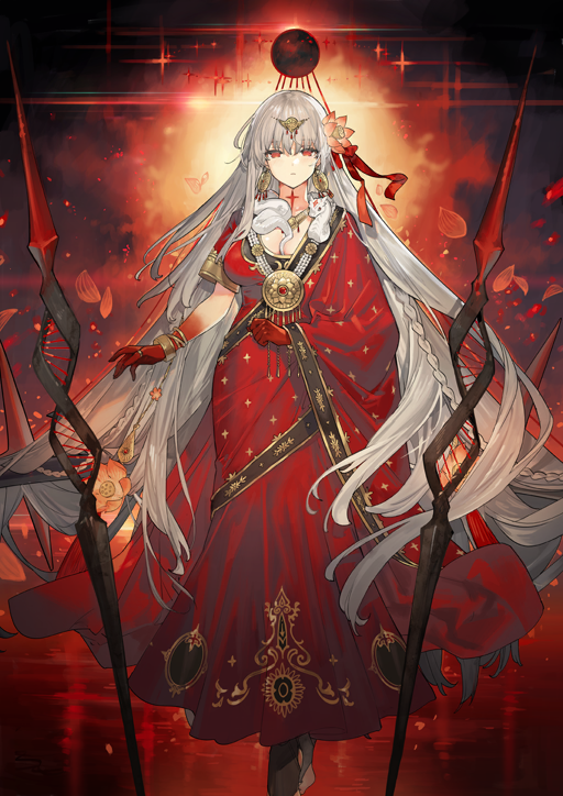 1girl asymmetrical_sleeves bracelet braid breasts closed_mouth colored_extremities colored_skin crossed_ankles dress durga_(fate) durga_(second_ascension)_(fate) earrings expressionless fate/grand_order fate_(series) flower full_body game_cg gold_bracelet gold_earrings gold_ring gradient_skin hair_flower hair_ornament hair_ribbon hands_up indian_clothes jewelry large_breasts long_dress long_hair long_sleeves looking_at_viewer multiple_bracelets official_art polearm red_dress red_eyes red_ribbon red_skin red_theme ribbon sari short_sleeves snake snake_wrapped_around_neck solo starshadowmagician third-party_source thumb_ring uneven_sleeves variant_set very_long_hair weapon white_hair white_snake wide_sleeves