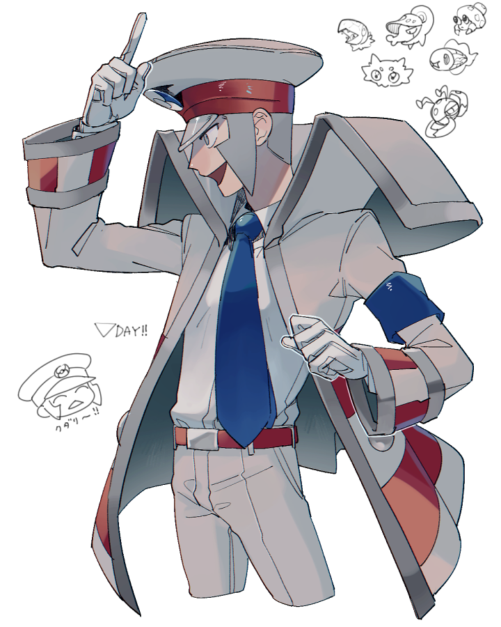 1boy :d ^_^ akamtvahosi archen armband belt blue_armband blue_necktie chibi closed_eyes coat collared_coat collared_shirt commentary_request cowboy_shot cropped_legs durant dwebble emmet_(pokemon) gen_5_pokemon gloves grey_coat grey_eyes grey_hair grey_hat grey_pants hand_up hat index_finger_raised ingo_(pokemon) joltik long_sleeves looking_ahead male_focus necktie nintendo open_clothes open_coat open_mouth pants peaked_cap pokemon pokemon_(creature) pokemon_bw profile red_belt shelmet shirt shirt_tucked_in short_hair sideburns simple_background smile solo striped_coat translation_request tynamo v-shaped_eyebrows white_background white_gloves white_shirt wing_collar