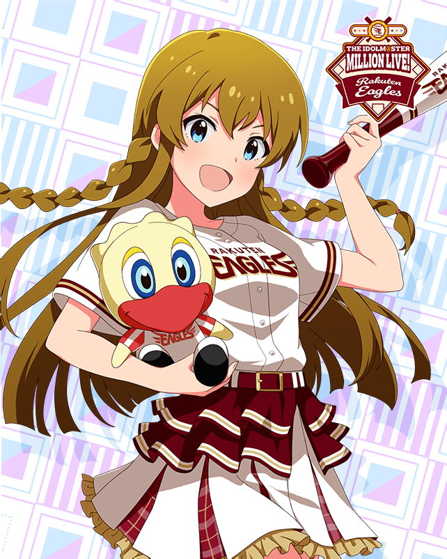baseball_bat baseball_uniform belt blue_eyes braid brown_hair card_(medium) doll idolmaster idolmaster_million_live! idolmaster_million_live!_theater_days kousaka_umi looking_at_viewer mascot miniskirt nippon_professional_baseball official_art open_mouth skirt sportswear switch_(touhoku_rakuten_golden_eagles) touhoku_rakuten_golden_eagles