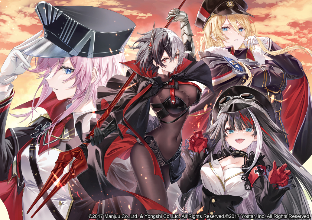 4girls azur_lane bismarck_(azur_lane) black_hair blonde_hair blue_eyes bodystocking breasts bruenhilde_(azur_lane) buttons cape cloud cloudy_sky commentary_request company_connection company_name covered_navel deutschland_(azur_lane) gloves gradient_sky hair_ornament hand_up hands_up hat holding holding_weapon large_breasts logo long_hair looking_at_viewer multicolored_hair multiple_girls official_art outdoors parted_lips peaked_cap pink_hair polearm red_eyes red_hair seydlitz_(azur_lane) short_hair simple_background skin_tight sky spear sunset teeth uniform weapon white_hair yuya_(night_lily)
