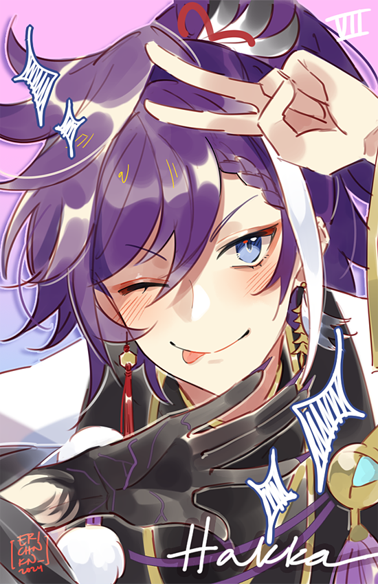 1boy banzoin_hakka banzoin_hakka_(1st_costume) bishounen black_skin blue_eyes character_name coll_(erichankun) colored_skin commentary earrings eyelashes feather_earrings feathers gradient_background gradient_skin hair_between_eyes hair_ornament holostars holostars_english jewelry long_hair looking_at_viewer male_focus mismatched_earrings multicolored_hair one_eye_closed ponytail portrait purple_hair smile sparkle streaked_hair tassel tassel_earrings tongue tongue_out v virtual_youtuber white_hair