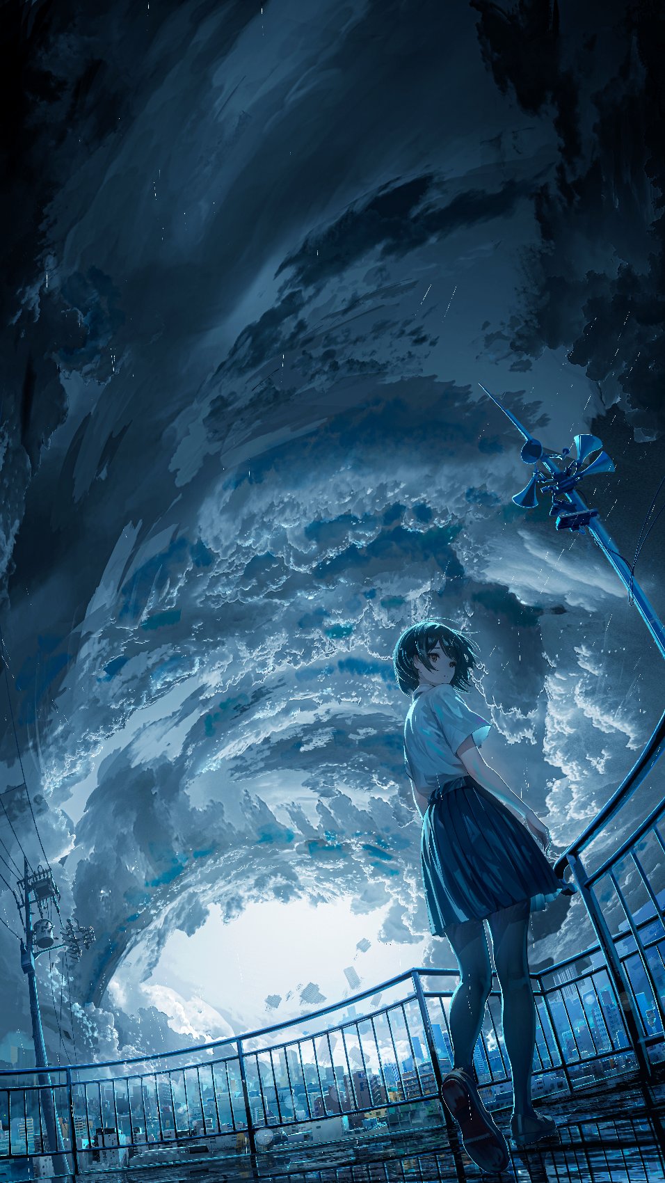 1girl black_clouds black_footwear black_thighhighs chooco_(chocoshi) cityscape cloud cloudy_sky full_body handrail highres horn_speaker looking_back original pleated_skirt rain reflective_floor shirt shoe_soles short_hair skirt sky solo standing swept_bangs thighhighs utility_pole white_shirt