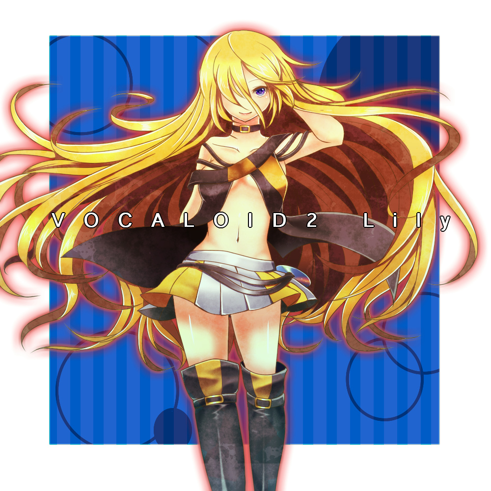 1girl bad_id bad_pixiv_id blonde_hair blue_eyes boots female_focus hair_over_one_eye headphones lily_(vocaloid) long_hair looking_at_viewer midriff navel skirt smile solo thigh_boots thighhighs very_long_hair vocaloid yasuo_(torinikukani)
