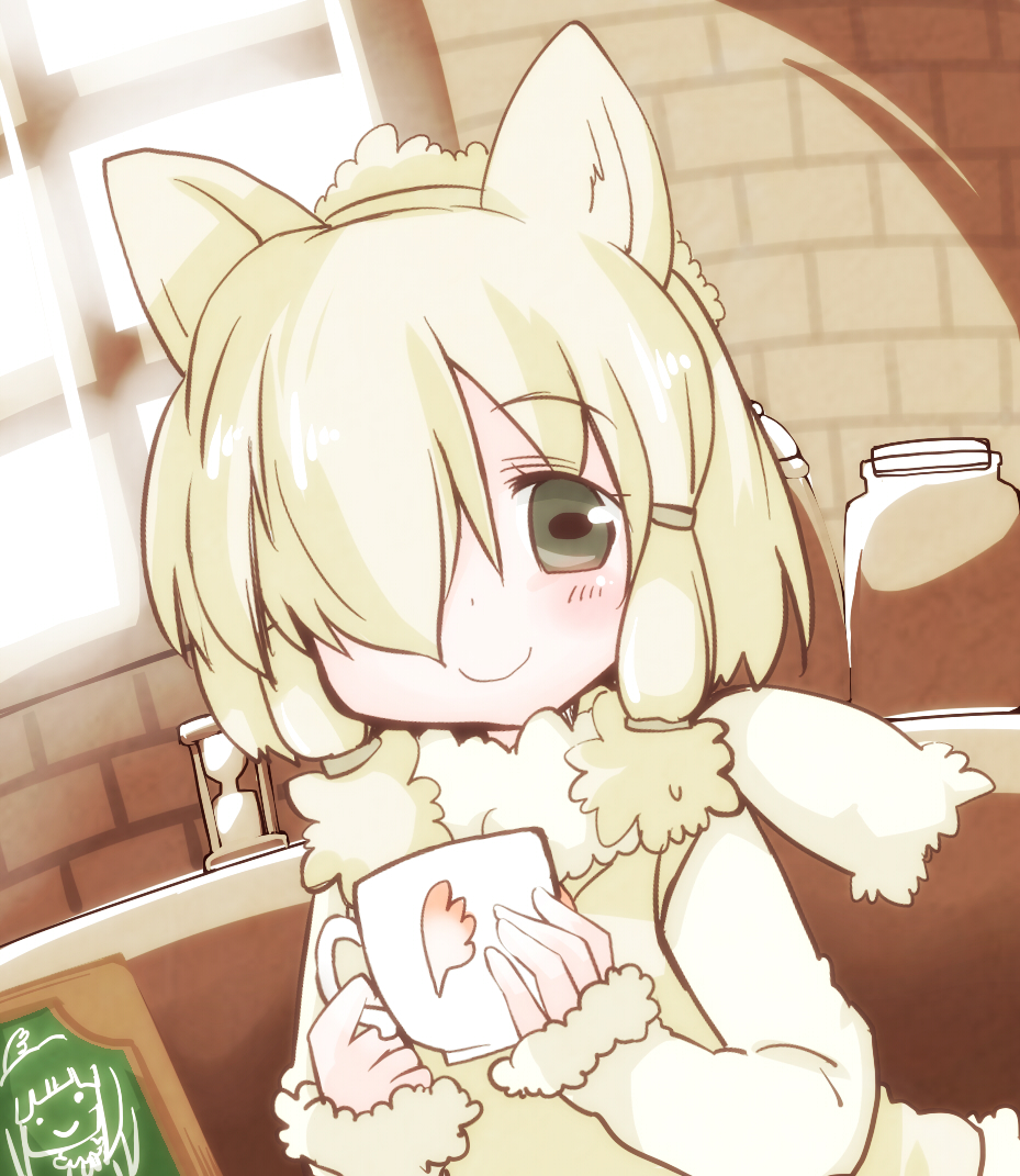 1girl alpaca_ears alpaca_suri_(kemono_friends) animal_ear_fluff animal_ears blonde_hair blush brick_wall c: chalk_drawing chalkboard closed_mouth cup drawing_(object) fur-trimmed_sleeves fur_collar fur_trim futami_yayoi grey_eyes hair_over_one_eye hands_up holding holding_cup horizontal_pupils hourglass indoors japanese_crested_ibis_(kemono_friends) jar kemono_friends long_bangs long_sleeves looking_at_viewer menu_board mug one_eye_covered shiny_skin sidelighting smile solo sunlight sweater_vest tareme upper_body window