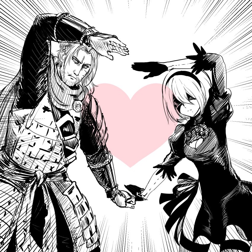 1boy 1girl arm_up armor blindfold breasts cleavage cleavage_cutout closed_mouth clothing_cutout crossover dress facial_hair gloves hairband heart heart_arms_duo japanese_armor juliet_sleeves long_sleeves medium_breasts mole mole_under_mouth monochrome nier:automata nier_(series) nioh okamura_(okamura086) puffy_sleeves scar scar_on_face short_hair simple_background william_(nioh) 2b_(nier:automata)