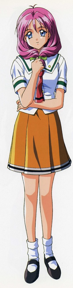 1990s_(style) 1girl blue_eyes bow female_focus front_ponytail full_body hair_ribbon kokura_masashi long_hair necktie official_art orange_skirt pink_hair retro_artstyle ribbon scan school_uniform shirayuki_miho shoes skirt smile socks solo tokimeki_memorial tokimeki_memorial_2