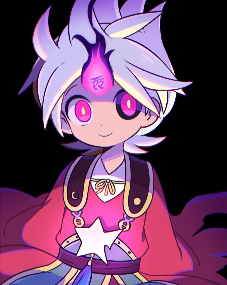 1boy amano_keita black_background black_sclera c: closed_mouth colored_sclera dot_nose fire flipped_hair floating_hair glowing kokouemae kugutsu_ken-ou looking_at_viewer male_focus middle_part mismatched_sclera pink_eyes pink_fire red_shirt sash shirt short_hair simple_background smile solo spiked_hair upper_body white_hair wide-eyed yellow_sclera youkai_(youkai_watch) youkai_watch