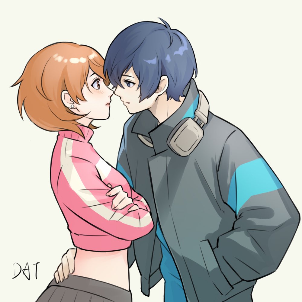 1boy 1girl aqua_shirt artist_name black_jacket black_skirt blue_eyes blue_hair blush brown_eyes brown_hair commentary couple cropped_jacket crossed_arms da-cart dark_blue_hair earrings eye_contact from_side hair_over_one_eye hand_in_pocket hand_on_another&#039;s_hip headphones headphones_around_neck high_collar imminent_kiss jacket jewelry long_sleeves looking_at_another midriff official_alternate_costume open_clothes open_jacket parted_lips persona persona_3 persona_3_reload pink_jacket pink_nails pleated_skirt profile shirt short_hair simple_background skirt stud_earrings swept_bangs symbol-only_commentary takeba_yukari track_jacket upper_body village_vanguard yuuki_makoto_(persona_3)