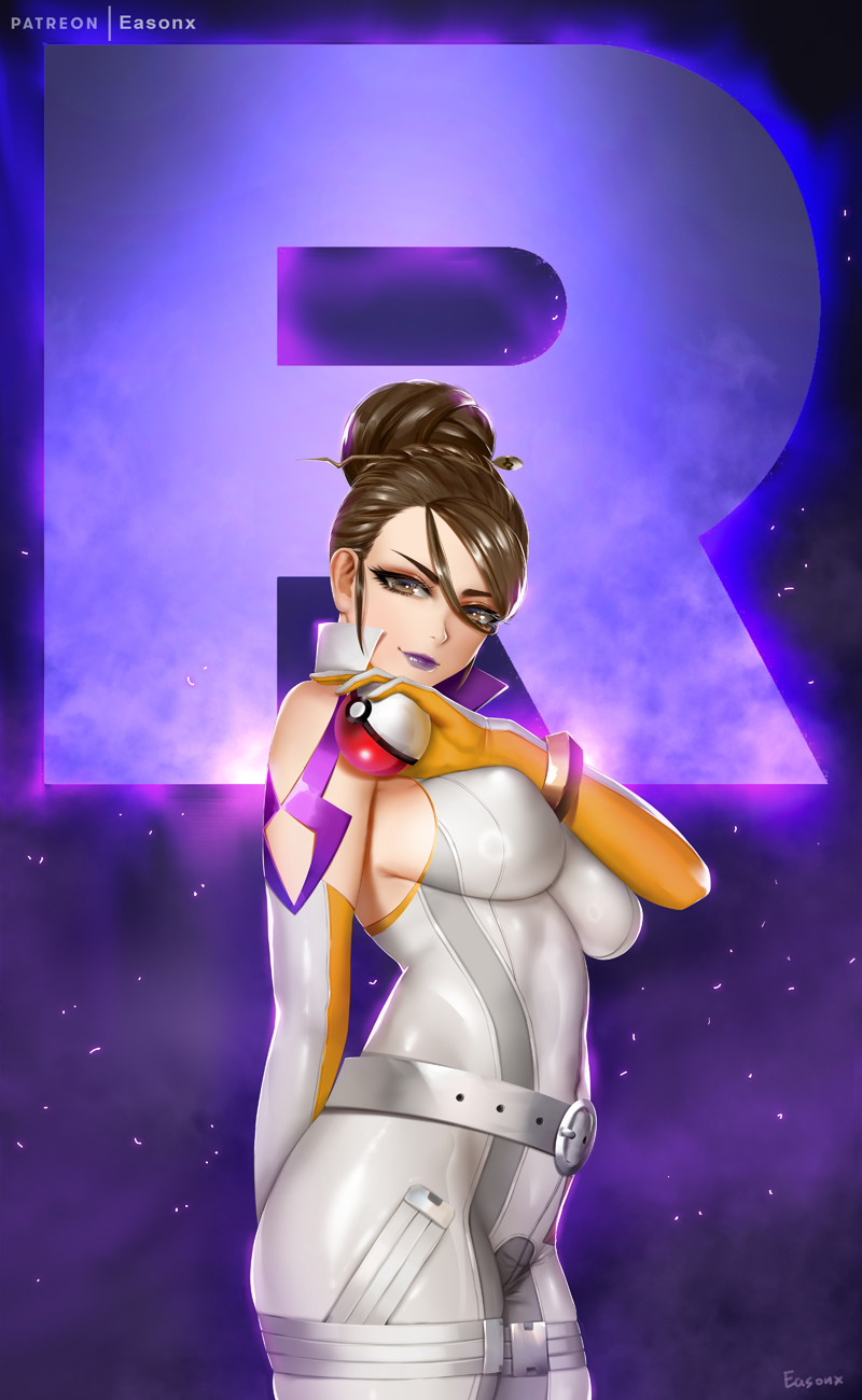 1girl artist_name belt bodysuit breasts brown_eyes brown_hair covered_erect_nipples easonx female_focus gloves hair_bun hair_ornament hair_stick highres large_breasts lipstick makeup nintendo poke_ball poke_ball_(basic) pokemon pokemon_go sideboob sierra_(pokemon) single_hair_bun solo sparkle team_go_rocket team_rocket