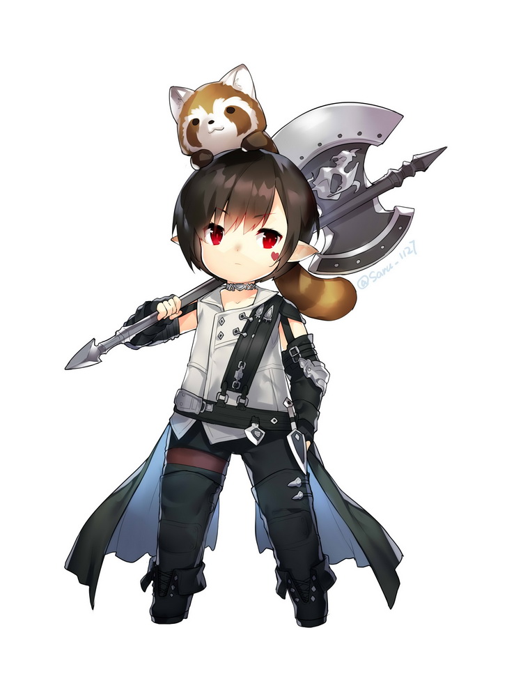 1boy animal animal_on_head axe boots choker closed_mouth elbow_gloves final_fantasy final_fantasy_xiv fingerless_gloves full_body gloves lalafell legs_apart looking_to_the_side male_focus on_head pointy_ears red_eyes red_panda saru sleeveless solo standing thigh_boots thighhighs warrior_(final_fantasy) white_background