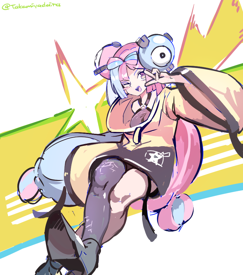 1girl :d bare_shoulders blue_hair bow-shaped_hair breasts character_hair_ornament fake_hair_bun full_body grey_pantyhose grey_shoes hair_ornament hexagon_print huanxiang_huifeng iono_(pokemon) jacket long_hair long_sleeves looking_at_viewer low-tied_long_hair multicolored_hair nintendo one_eye_closed open_mouth oversized_clothes pantyhose pink_hair pokemon pokemon_sv purple_eyes sharp_teeth shoes simple_background single_leg_pantyhose sleeves_past_fingers sleeves_past_wrists smile solo split-color_hair standing teeth two-tone_hair v very_long_sleeves white_background x yellow_jacket