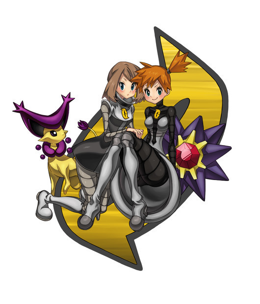 2girls alternate_costume blue_eyes blush boots brown_hair cat cosplay delcatty dress gen_1_pokemon gen_3_pokemon gym_leader may_(pokemon) misty_(pokemon) multiple_girls nintendo orange_hair pokemon ponytail sasairebun short_hair starmie team_galactic team_galactic_(cosplay)