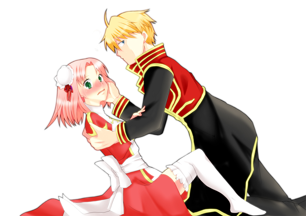 1boy 1girl back_bow black_coat blonde_hair blush bow coat commentary_request double_bun dress feet_out_of_frame gold_trim green_eyes hair_bun hand_on_another&#039;s_shoulder hetero high_priest_(ragnarok_online) juliet_sleeves kazu_ayase long_sleeves medium_hair multicolored_coat no_shoes open_mouth pink_hair priest_(ragnarok_online) puffy_sleeves ragnarok_online red_coat red_dress sash short_hair simple_background thighhighs two-tone_coat two-tone_dress white_background white_bow white_dress white_sash white_thighhighs
