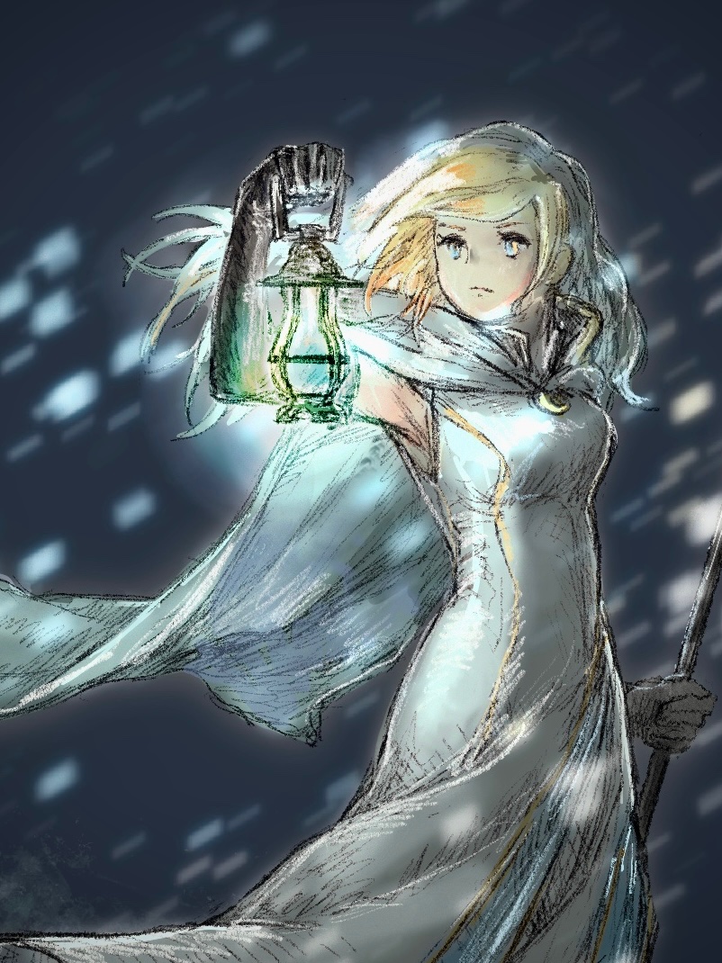 1girl black_gloves blonde_hair blue_eyes breasts cape closed_mouth commentary_request dress elbow_gloves gloves large_breasts long_hair night octopath_traveler octopath_traveler_i ophilia_(octopath_traveler) ophilia_clement outdoors qqqqqli snowing solo standing wavy_hair white_cape white_dress