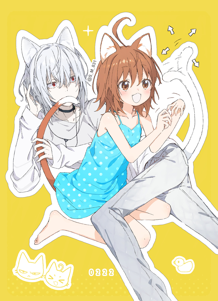1boy 1girl accelerator_(toaru_majutsu_no_index) ahoge albino ambiguous_gender androgynous animal_ears arrow_(symbol) bird black_choker brown_eyes brown_hair cat cat_ears cat_tail child choker collarbone covering_own_mouth dated dress duck electrodes full_body grey_pants hair_between_eyes hand_in_own_hair hands_up kemonomimi_mode last_order_(toaru_majutsu_no_index) long_sleeves looking_at_another loose_clothes loose_shirt lying motion_lines official_alternate_costume on_side outline pale_skin pants polka_dot polka_dot_dress red_eyes s_m_831 sanpaku shirt short_hair signature sitting sleeveless sleeveless_dress smile tail toaru_majutsu_no_index wariza white_hair white_outline white_shirt yellow_background