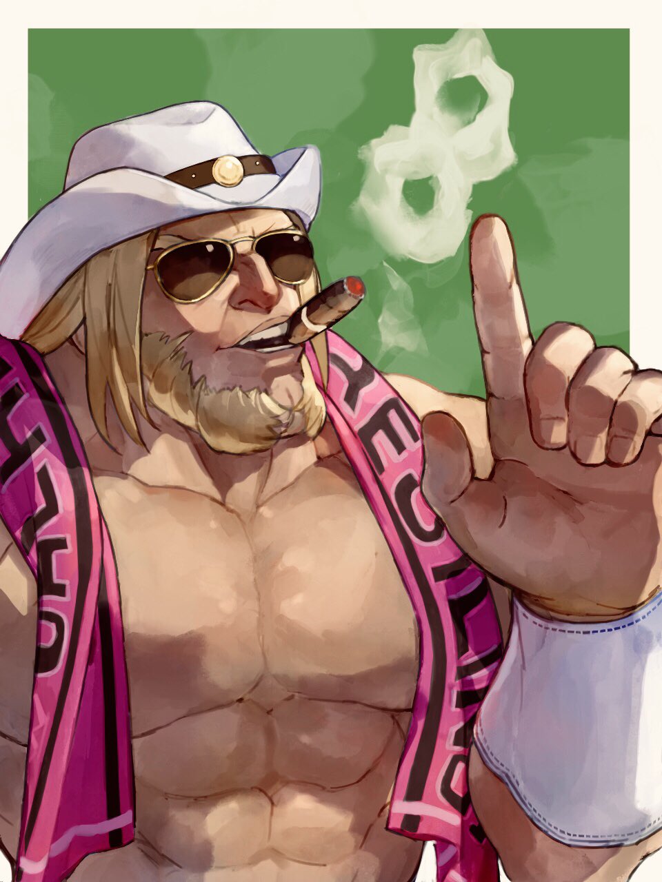 1boy antonov_(kof) armband blonde_hair cigar cowboy_hat green_background hat highres long_sideburns male_focus muscular muscular_male oni_gini outside_border sideburns smoking snk sunglasses the_king_of_fighters upper_body white_hat