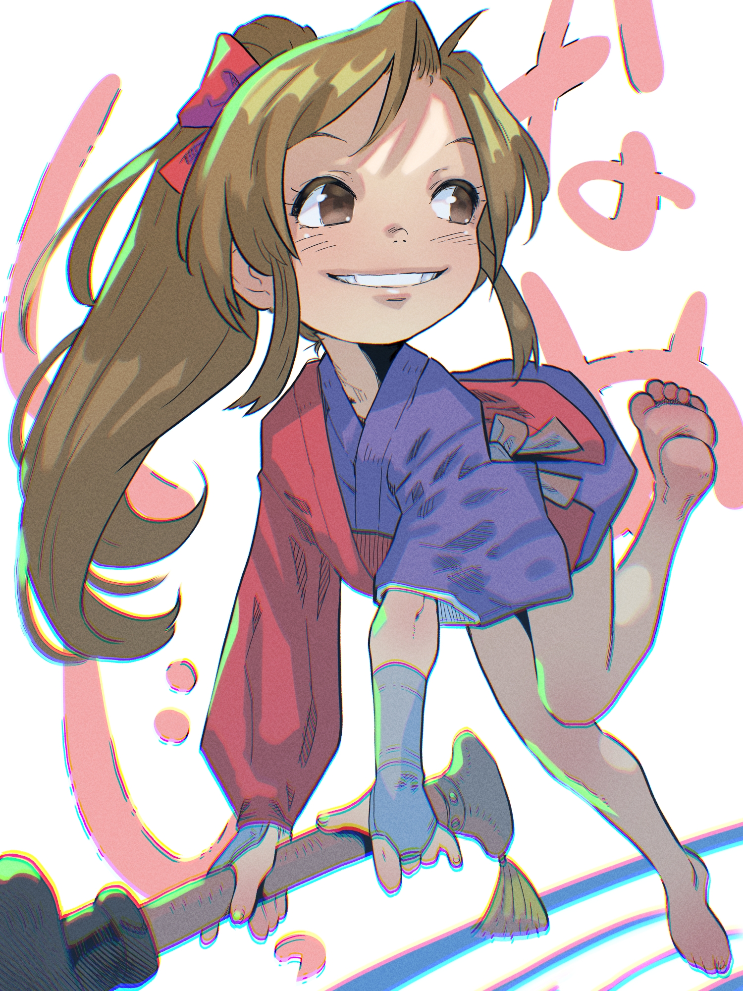 1girl armor asymmetrical_sleeves bare_legs barefoot brown_eyes brown_hair feet female_focus grin hair_ribbon highres holding japanese_armor japanese_clothes kimono kote long_hair looking_to_the_side multicolored_kimono ponytail purple_kimono red_kimono red_ribbon ribbon short_kimono sidelocks simple_background smile solo soon_(c-u-soon) teeth tengai_makyou toes tsunade_(tengai_makyou) uneven_sleeves white_background
