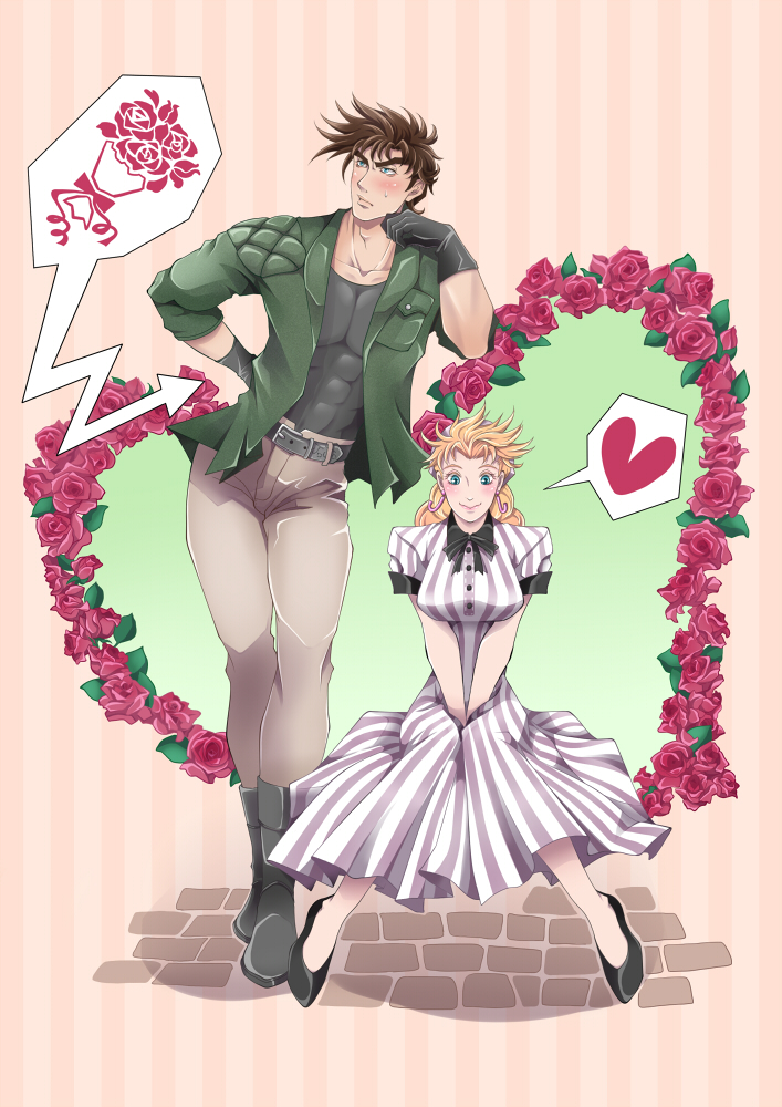 1boy 1girl battle_tendency blonde_hair blue_eyes blush dress flower full_body gloves heart jojo_no_kimyou_na_bouken joseph_joestar joseph_joestar_(young) koya-102 short_hair smile suzi_q