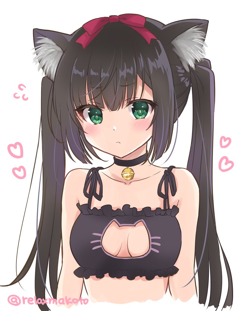 1girl animal_ears bell black_bra black_choker black_hair blush bow bra cat_cutout cat_ears cat_lingerie choker cleavage_cutout clothing_cutout collarbone commentary_request female_focus flying_sweatdrops frown green_eyes hair_bow heart jingle_bell kuu-chan_(sakurai_makoto_(custom_size)) lingerie long_hair looking_at_viewer neck_bell original red_bow sakurai_makoto_(custom_size) sidelocks solo twitter_username underwear upper_body white_background