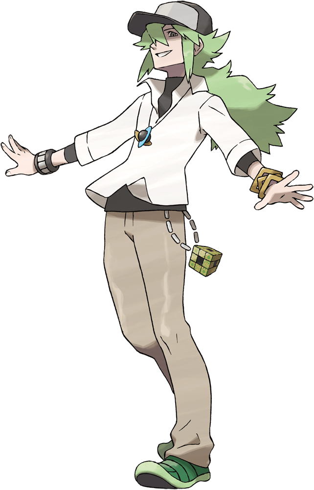 1boy :d asymmetrical_clothes baseball_cap black_hat black_shirt bracelet brown_pants chain collared_shirt cowlick cube floating_clothes full_body green_eyes green_footwear grin hair_between_eyes hair_over_one_eye half-closed_eye hat jewelry light_green_hair long_hair long_sleeves looking_at_viewer low-tied_long_hair low_neckline low_ponytail male_focus messy_hair n_(pokemon) nintendo official_art oomura_yuusuke open_mouth outstretched_arms pants partially_shaded_face pendant pokemon pokemon_bw ponytail shaded_face shirt sidelocks simple_background smile solo standing sugimori_ken teeth three-quarter_sleeves transparent_background turtleneck v-neck white_shirt